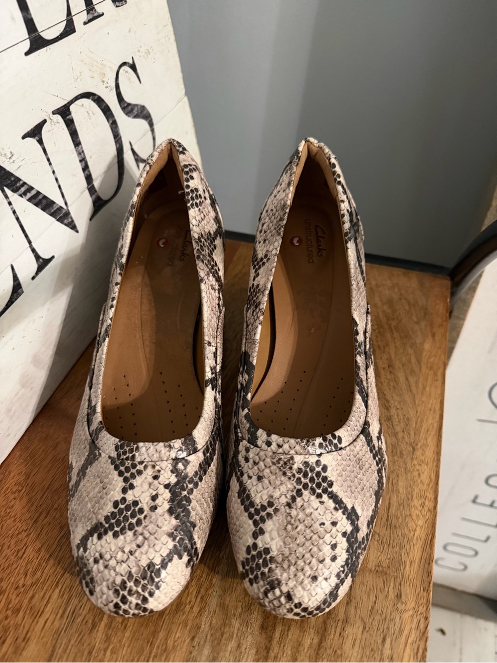 Clarks Snake-Print Heeled Pumps in Beige and Black